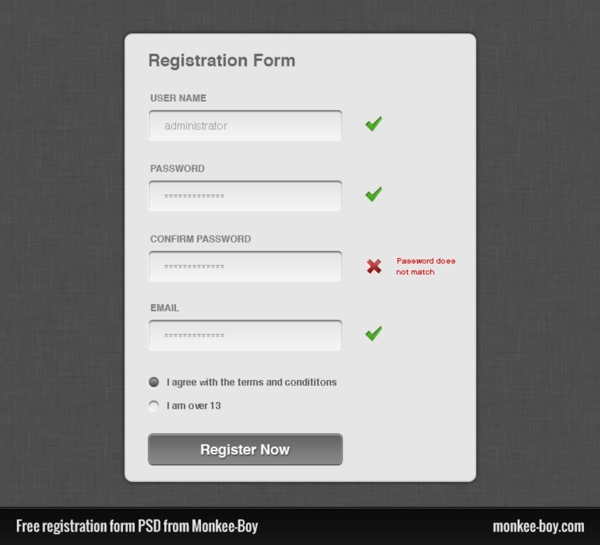 非常干净的登记表格界面PSD