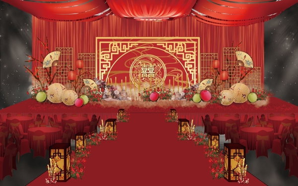 中式大红色传统婚礼工装效果图
