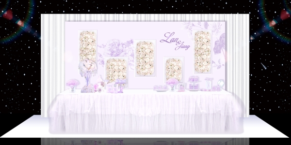 紫色梦幻浪漫婚礼展区婚礼效果图甜品区
