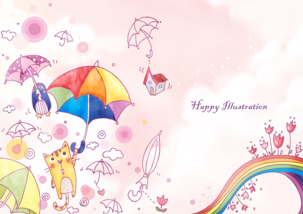 猫猫的雨伞水彩卡通免费插画素材