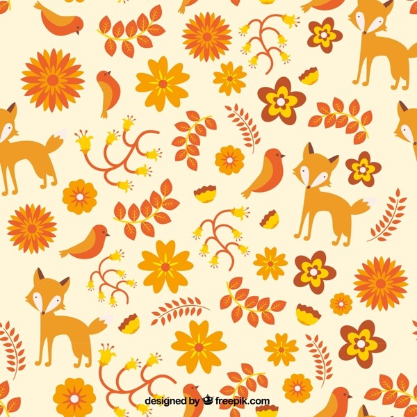 彩色狐狸和树叶无缝背景矢量素材图片