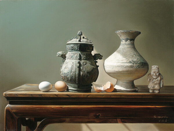 古代桌子鸡蛋器皿静物油画图片