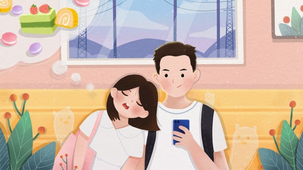 原创小清新插画情侣日常乘坐地铁