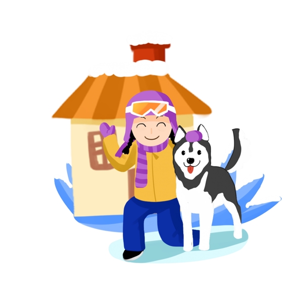 玩雪男孩和狗手绘卡通人物PNG素材