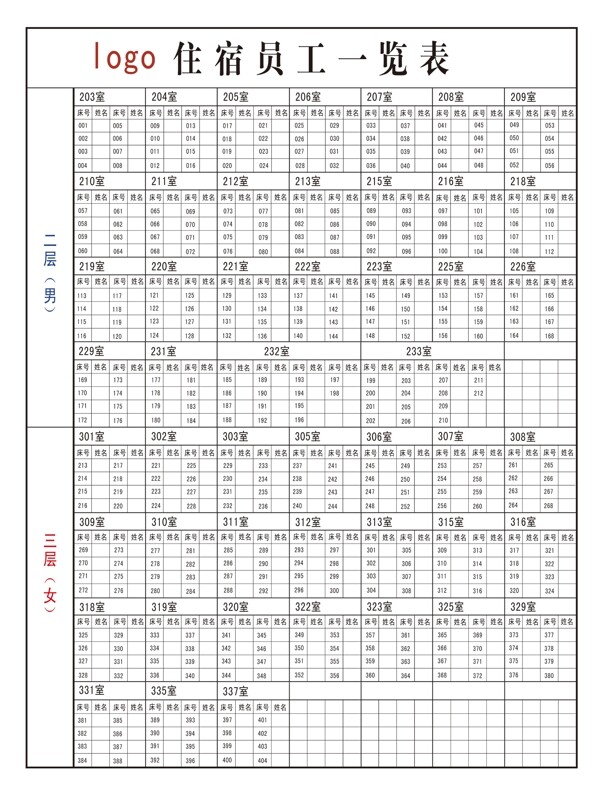 住宿一览表图片