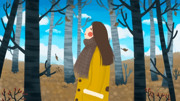 二十四节气之霜降卡通女孩与白杨树林的冬天