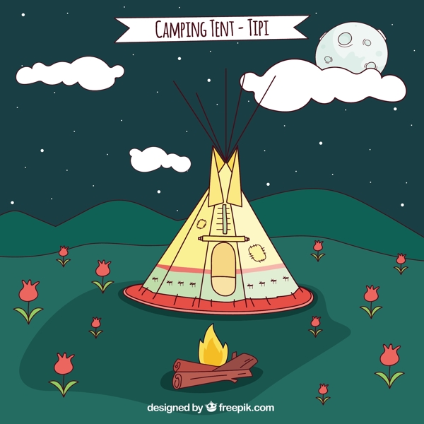 草图的野营帐篷帐篷晚上