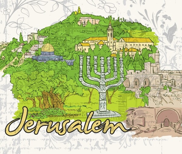 耶路撒冷的涂鸦矢量插画
