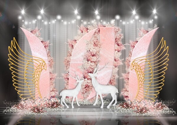 粉色弧形纹理雕塑花墙金羽翼雕塑婚礼效果图