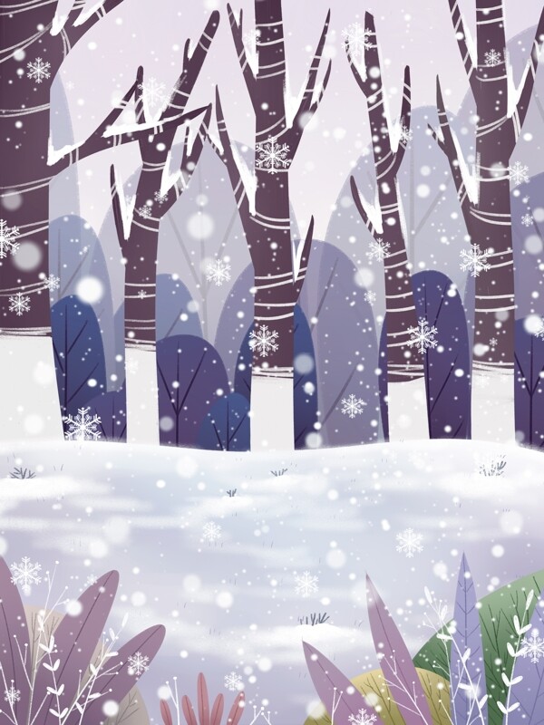 彩绘枯树林里的雪景背景素材