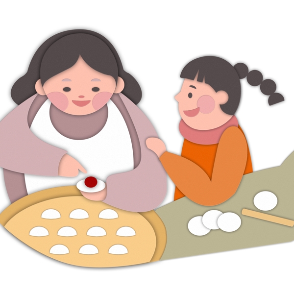 冬季包饺子的母女俩纸片风人物设计