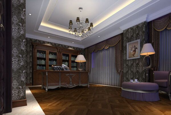 某欧式风格别墅书房室内设计效果图图片