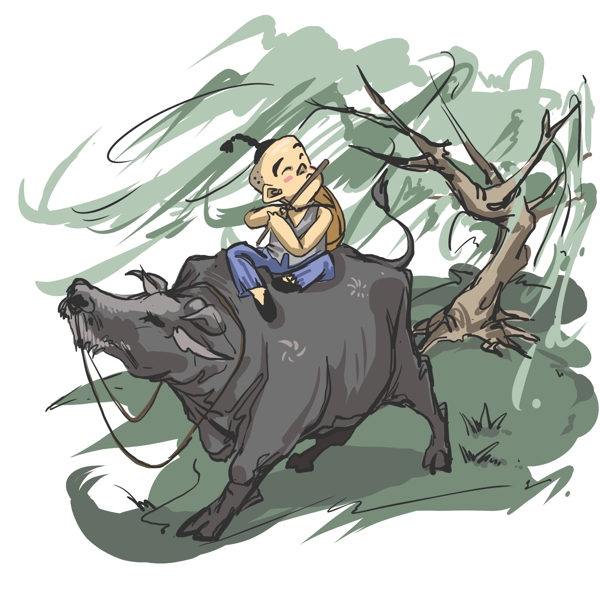 水墨中国风牧童和牛