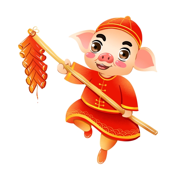 2019春节猪年放鞭炮生肖猪可爱猪喜庆商用原创手绘插画ip形象元素