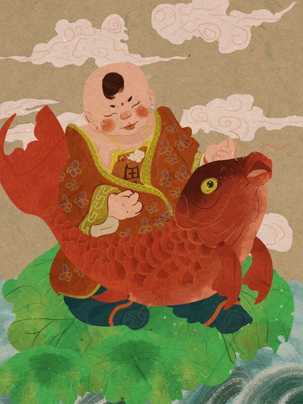 创意中国风传统年画年年有余福娃抱锦鲤场景插画