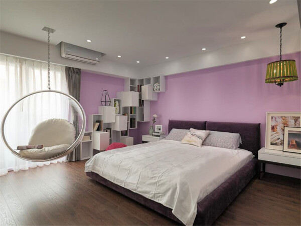 简约卧室床头紫色背景装修效果图