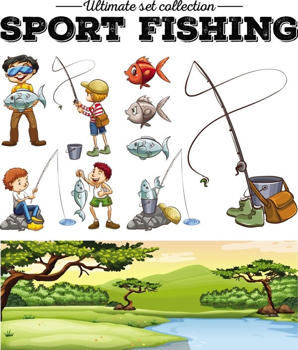 人钓鱼和河景插图