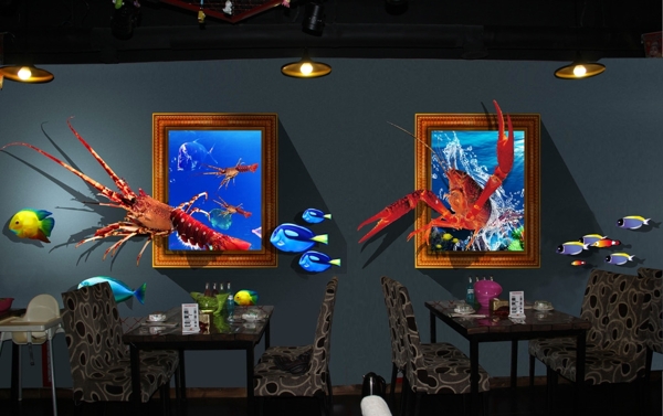 3D龙虾墙绘效果图