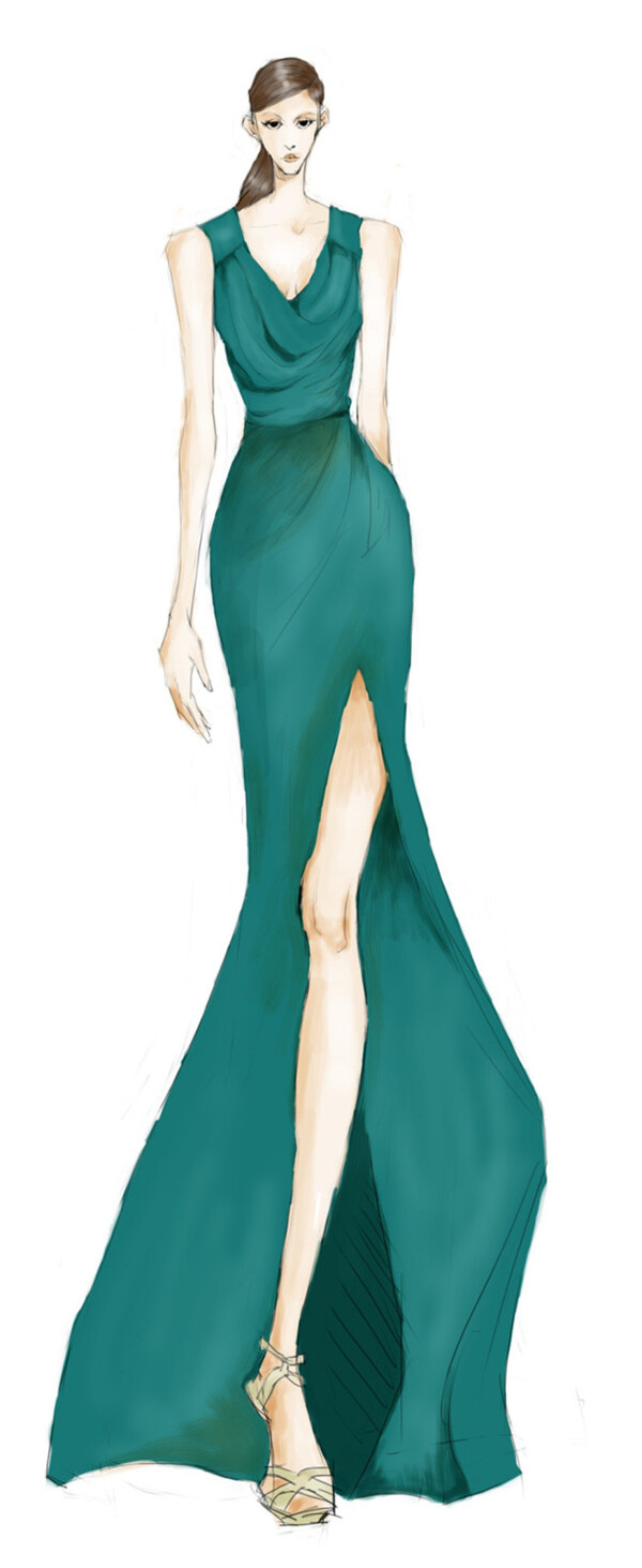 绿色开叉长裙设计图