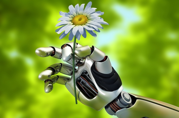 拿着花朵的3D机器人图片