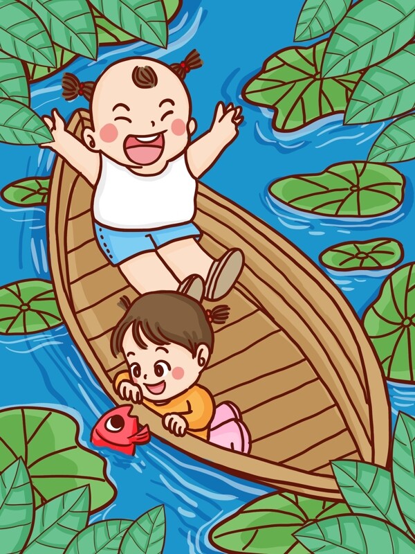 二十四节气夏至两个孩童游船手绘原创插画