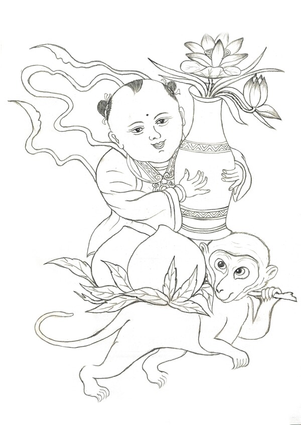 手绘童子猴儿图片