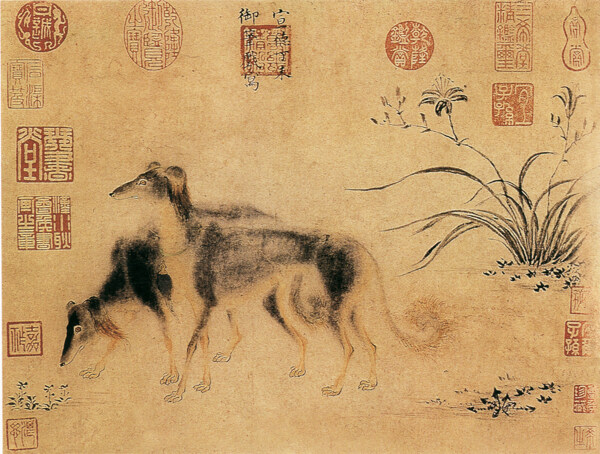 中国花鸟画名家朱瞻基书画真迹双犬图之一