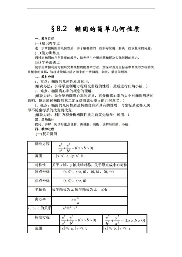 数学人教新课标A版优秀教案第二册上8.2椭圆的简单几何性质2