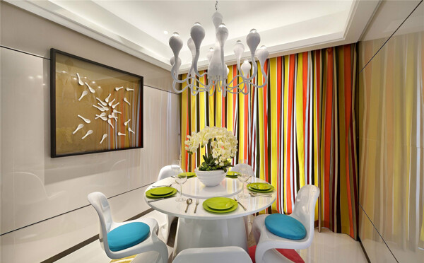 现代时尚明亮客厅条纹窗帘室内装修效果图