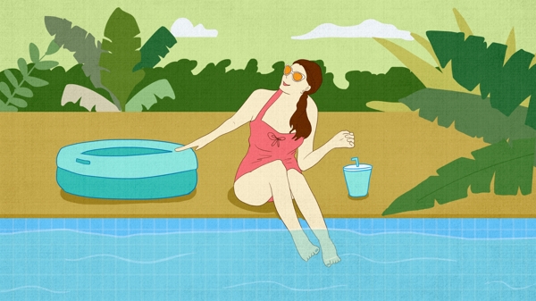 夏天你好小清新原创插画泳池边的女孩