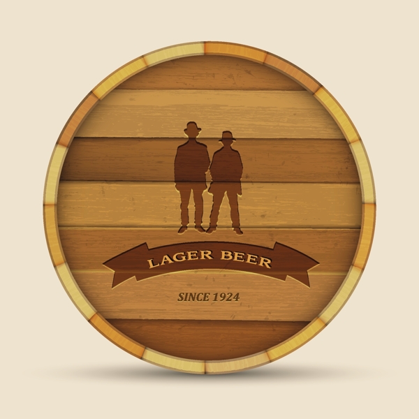 两个男人在木桶啤酒标签的向量形式
