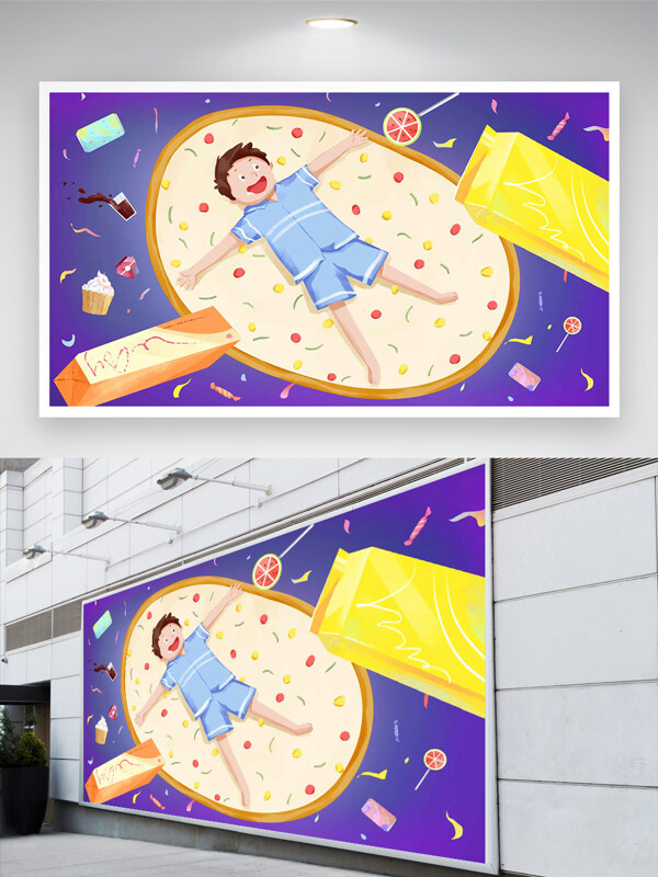 甜蜜梦境小男孩与巨大饼干的奇幻之旅插画