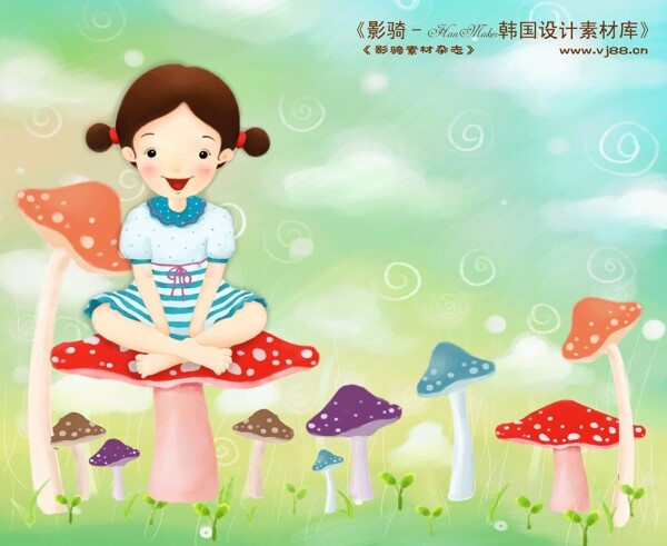 HanMaker韩国设计素材库背景卡通漫画可爱梦幻儿童孩子女孩童真蘑菇