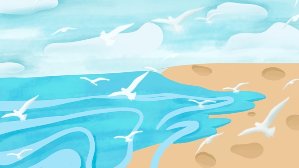 水彩海滩海鸥背景素材