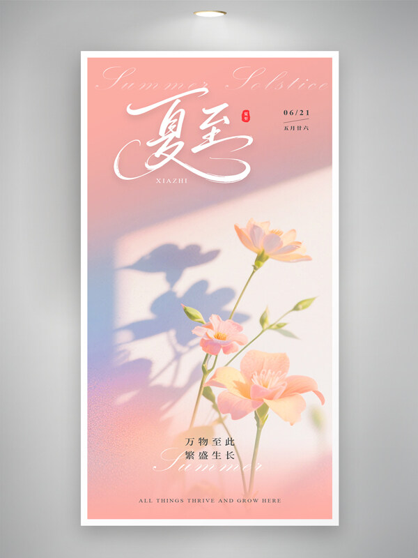 粉色唯美意境简约二十四节气夏至光影海报