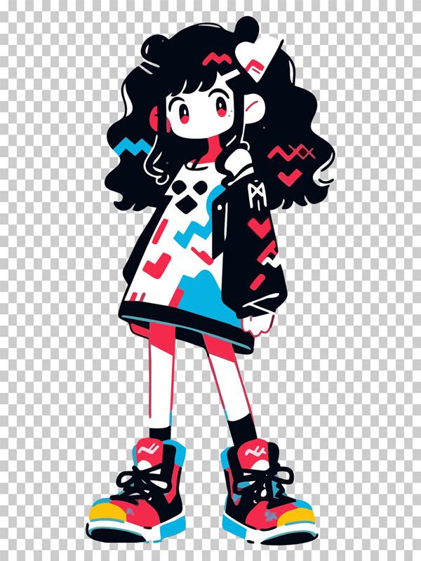 现代简约手绘涂鸦纹理卡通女孩插画
