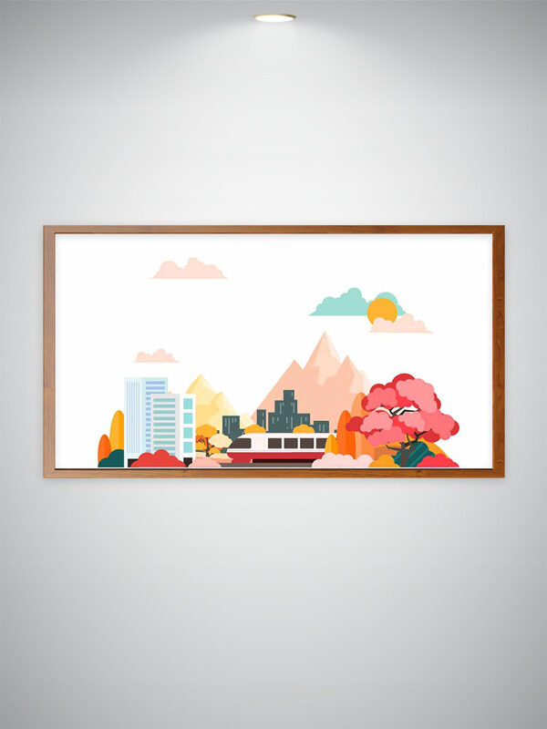 秋季自然风光创意简约手绘现代城市建筑插画