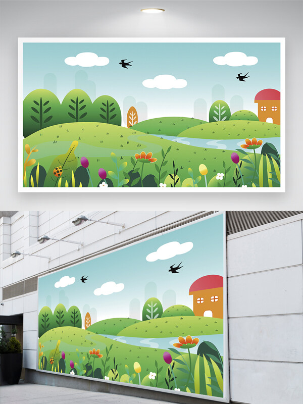 清新简约春天绿色草地小燕子风景插画