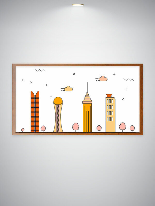 创意手绘明亮线条都市天际线简约简笔画插画