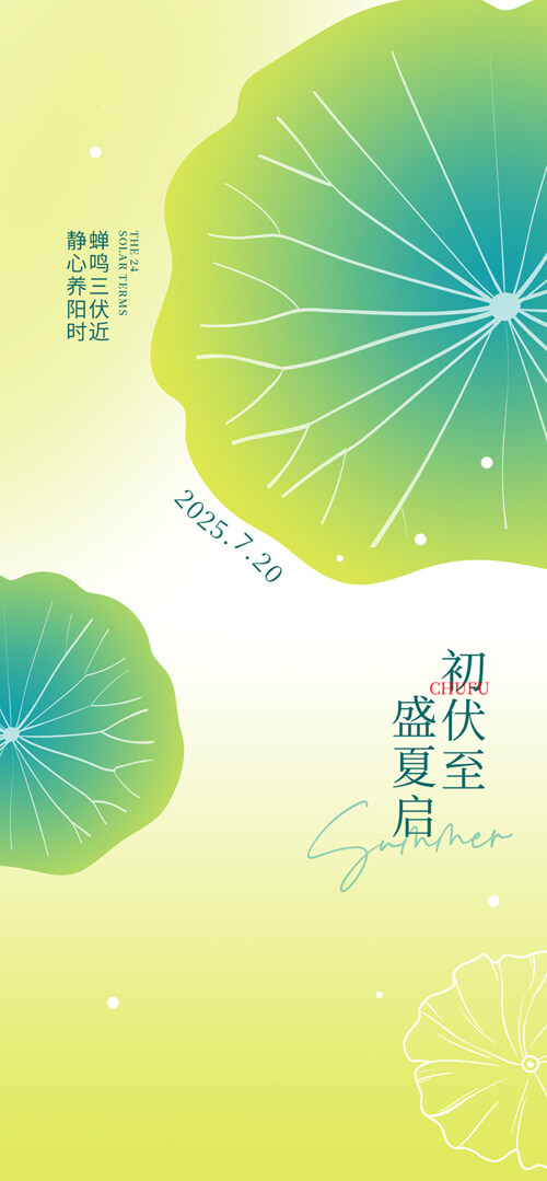 清新渐变初伏三伏天荷叶插画创意海报
