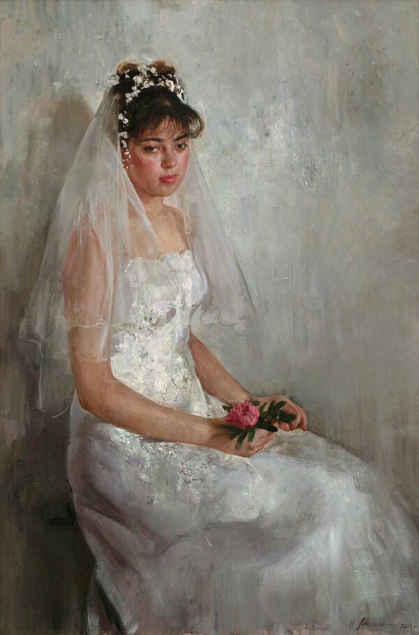 拿着鲜花的婚纱新娘油画图片