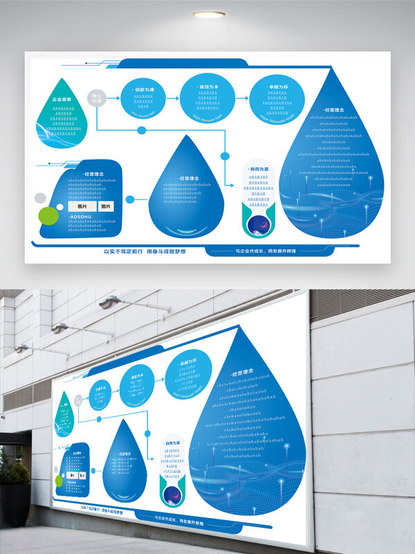 蓝色水滴插画企业文化墙展板