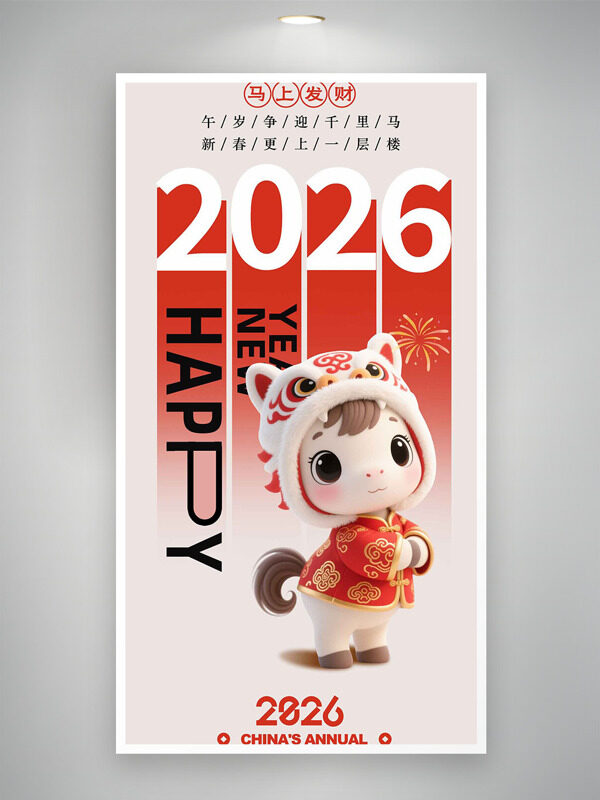 马年大吉新春快乐卡通立体白马节日海报