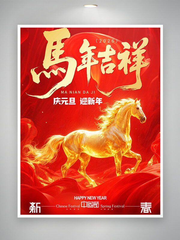 马年吉祥金马奔驰红色喜庆氛围节日海报