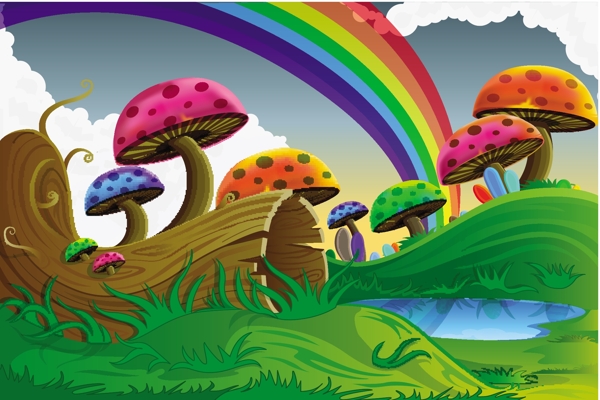 彩色蘑菇彩虹风景矢量图图片