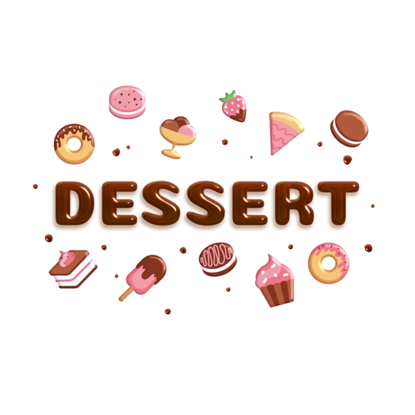 在各种各样的甜点背景的容量巧克力题字DESSERT