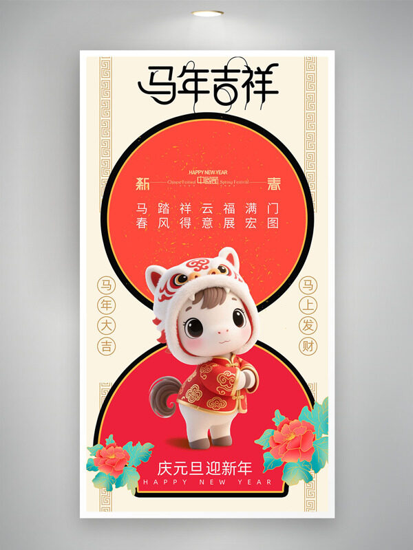马踏祥云福满门创意国风卡通骏马节日海报