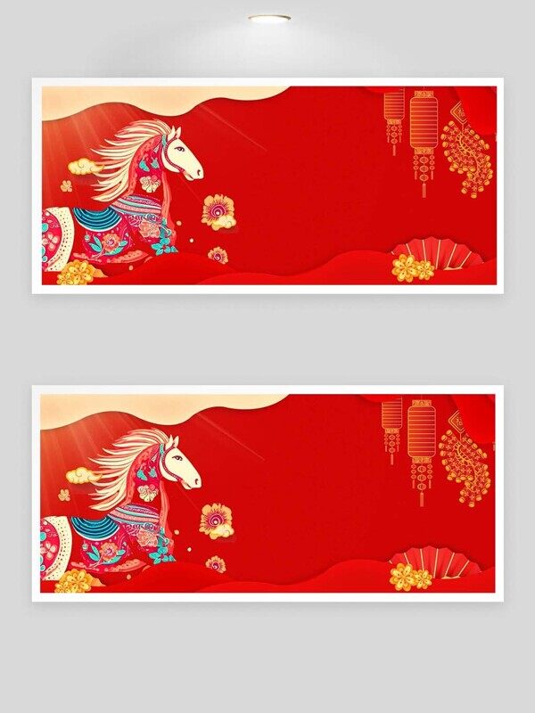 彩色花朵骏马奔腾红色新年鞭炮灯笼展板