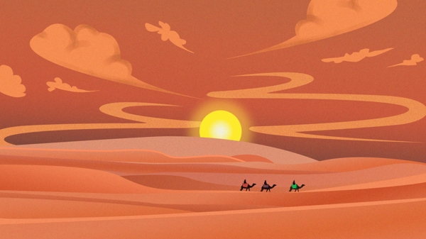 高温预警之炎热沙漠骆驼与旅人