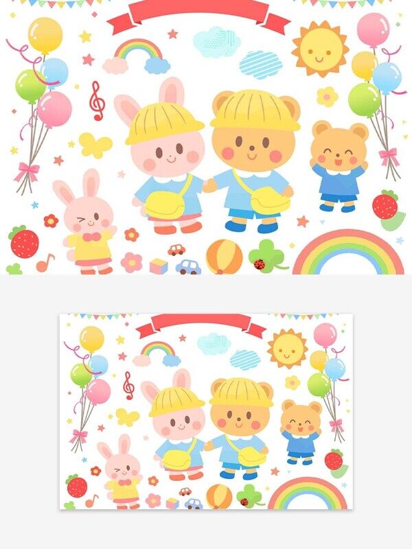 黄帽子小熊小兔好朋友一起背书包去上学彩虹卡通日式装饰